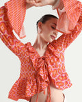 Rareism Women's Christa Multi Cotton V-Neck Geometric Print Bell Sleeve Regular Fit Shrug