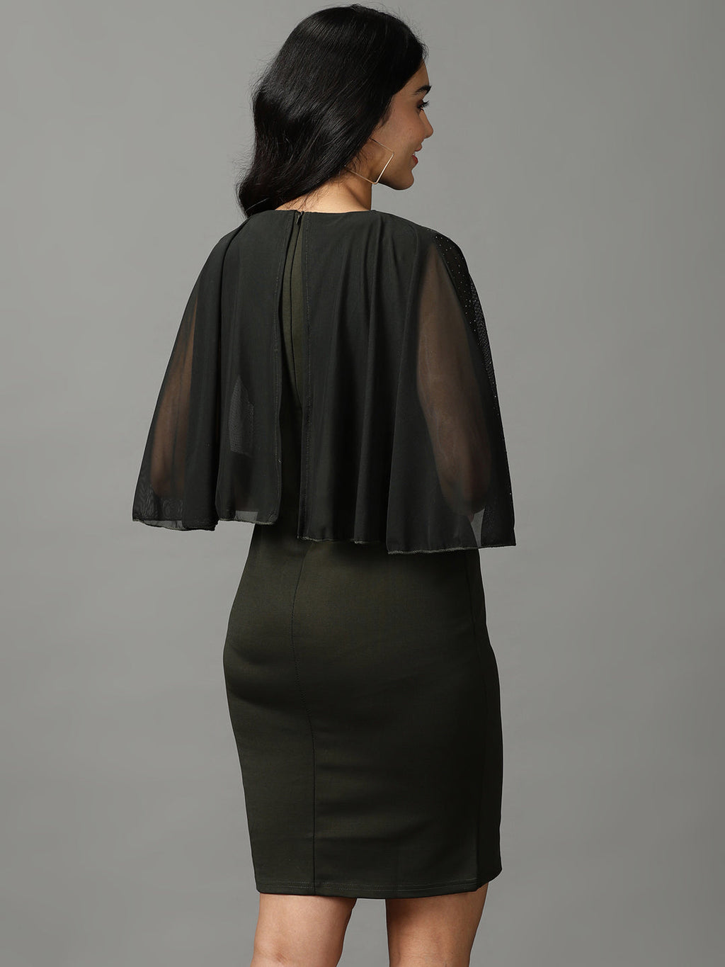 Women's Olive Round Neck Embellished Sheath Dress