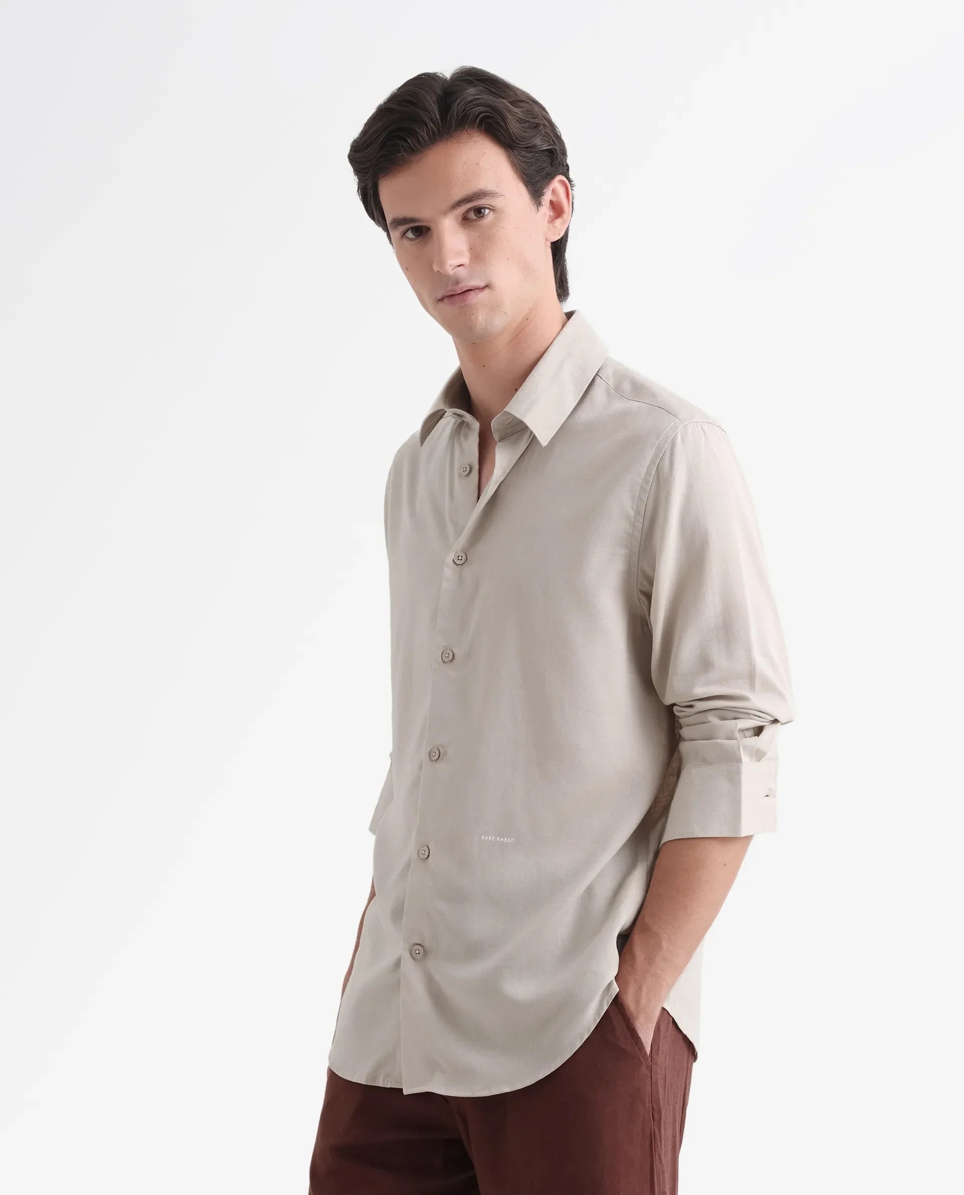 Rare Rabbit Men's Coft Beige Linen Blend Plain Boxy Fit Full Sleeve Collared Shirt