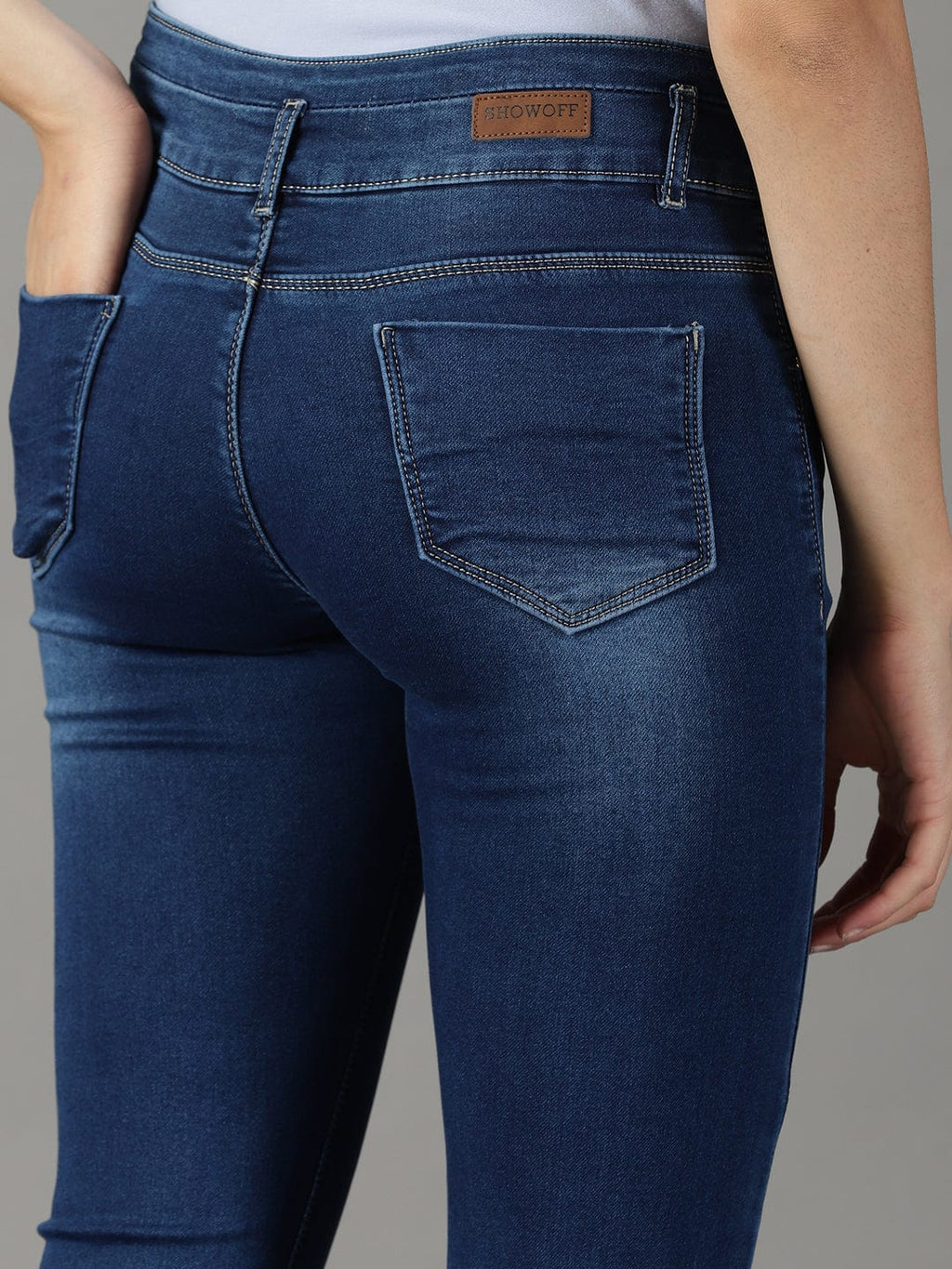 Women's Navy Blue Tapered Fit High-Rise Light Fade Stretchable Cotton Jeans