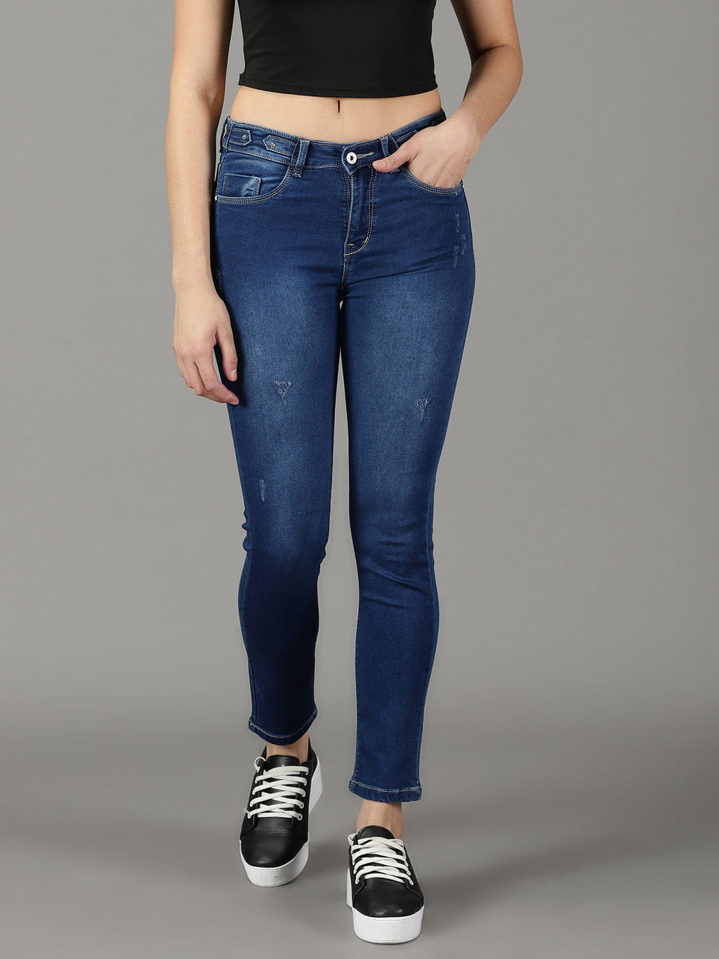 Women's Navy Blue Slim Fit Light Fade Stretchable Cotton Jeans