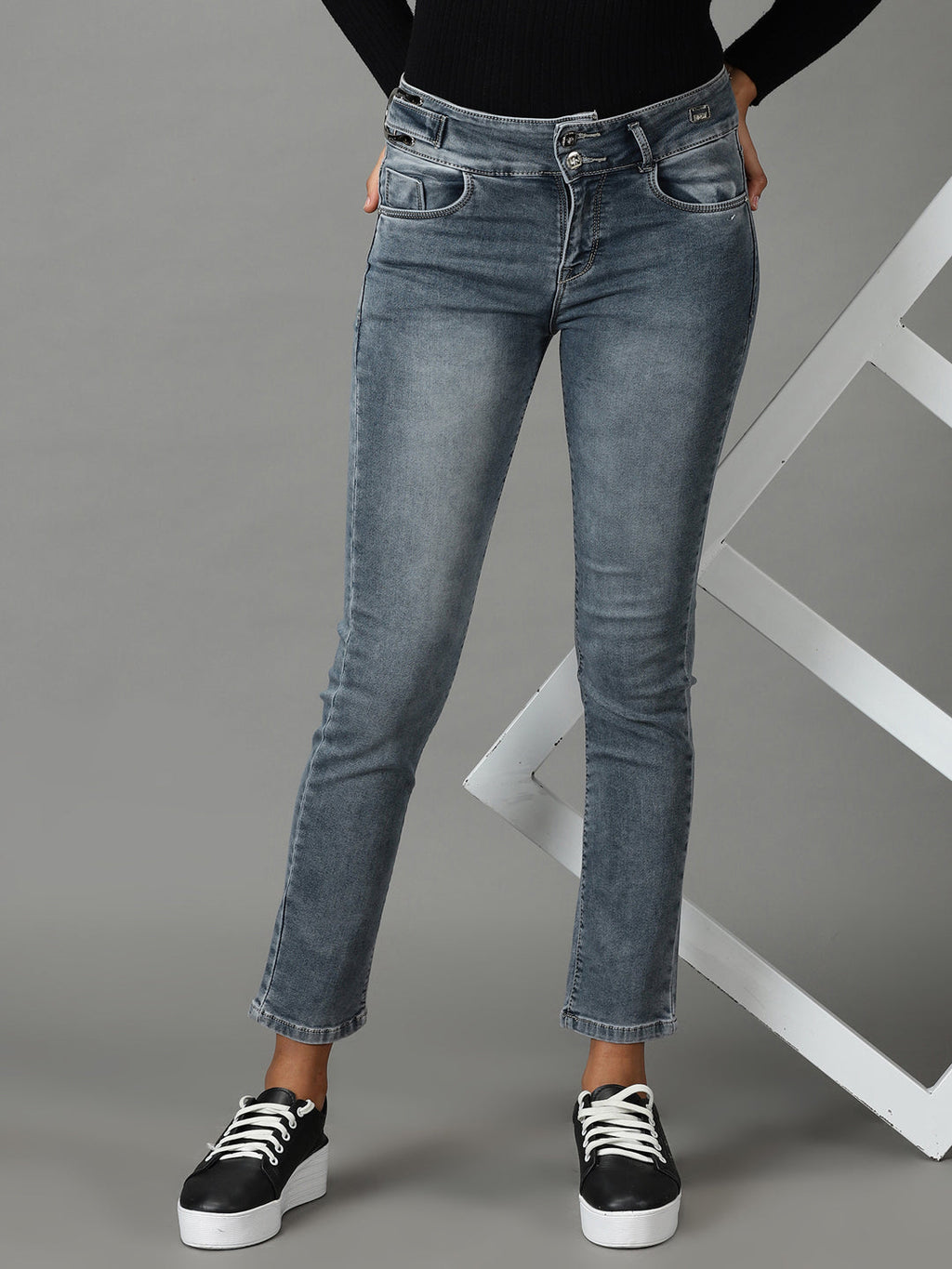 Women's Grey High-Rise Light Fade Stretchable Cotton Jeans