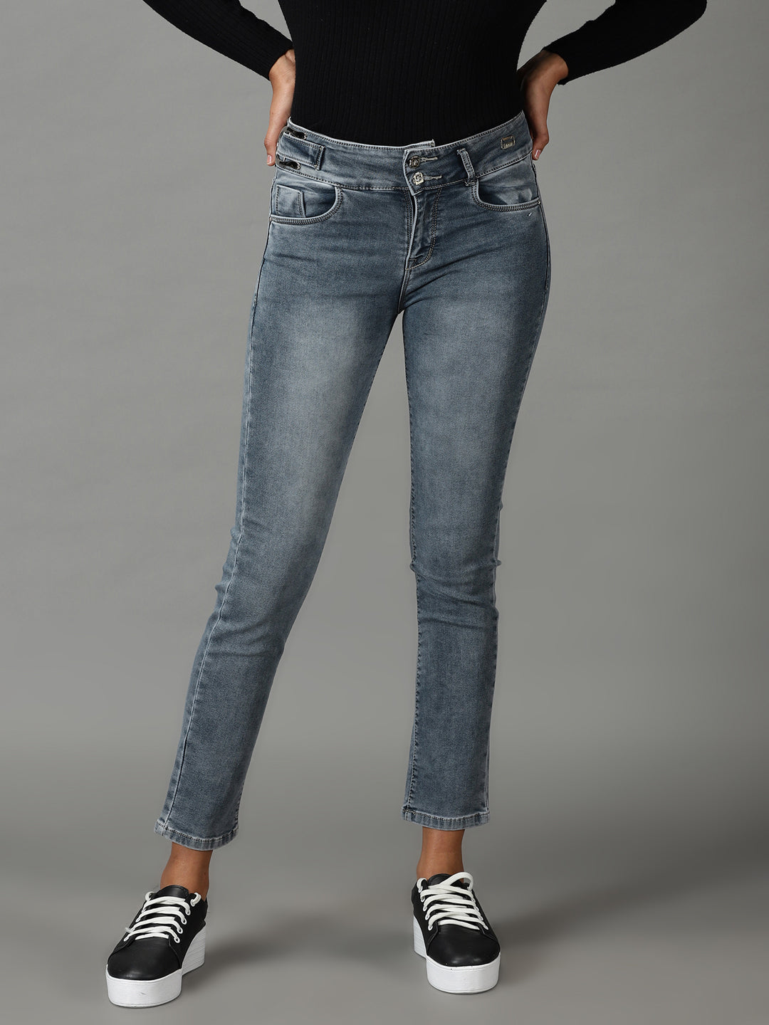 Women's Grey High-Rise Light Fade Stretchable Cotton Jeans