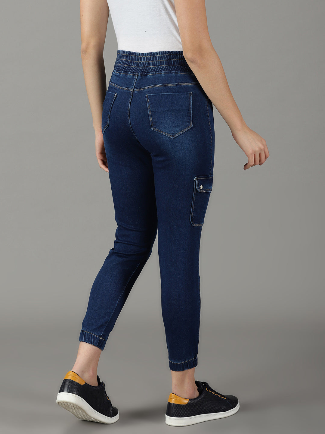 Women's Navy Blue Jogger High-Rise Light Fade Acid Wash Stretchable Cotton Jeans