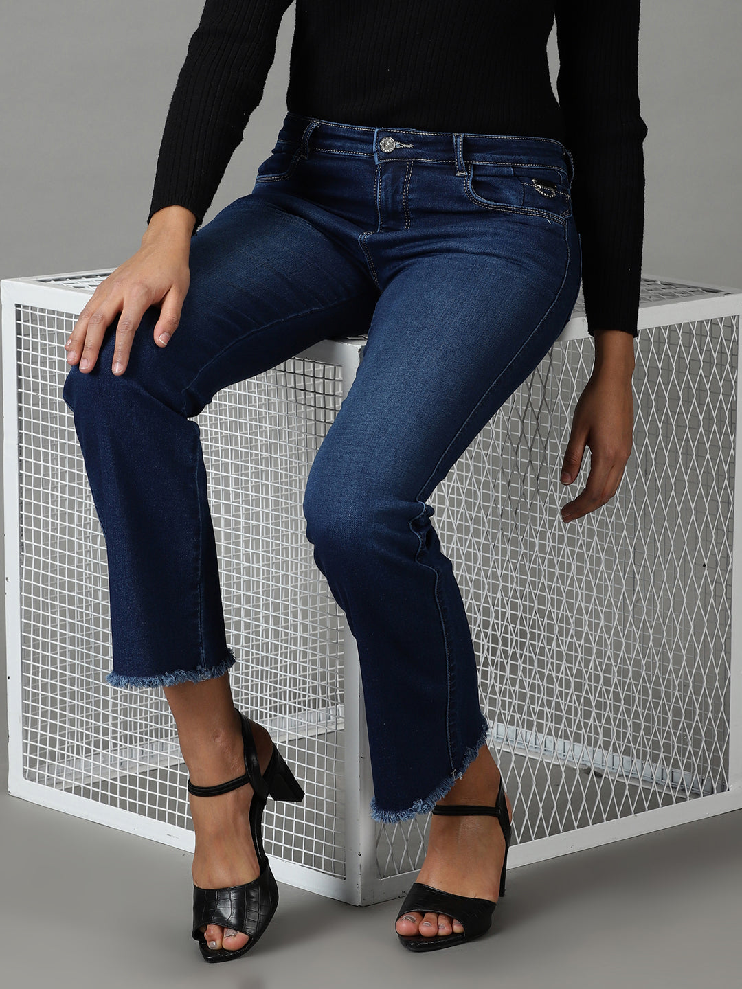 Women's Navy Blue Bootcut High-Rise Light Fade Acid Wash Stretchable Jeans
