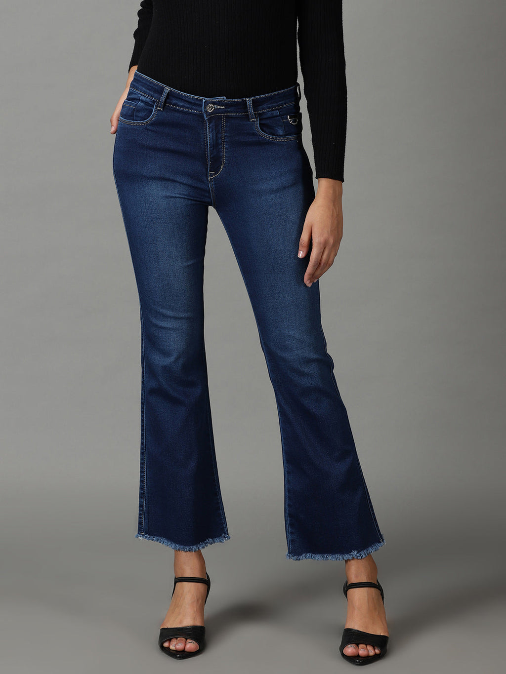 Women's Navy Blue Bootcut High-Rise Light Fade Acid Wash Stretchable Jeans