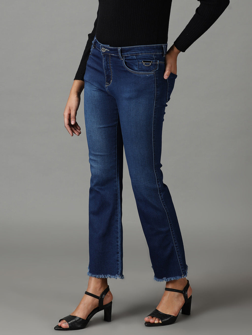Women's Navy Blue Bootcut High-Rise Light Fade Acid Wash Stretchable Jeans