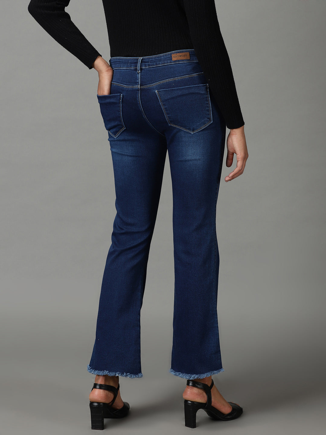 Women's Navy Blue Bootcut High-Rise Light Fade Acid Wash Stretchable Jeans