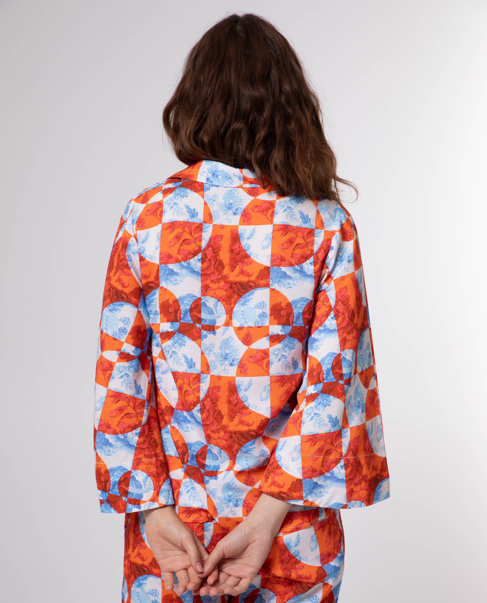 Rareism Women's Crawford Orange Viscose Spread Collar Floral Print Flared Sleeve Regular Fit Top