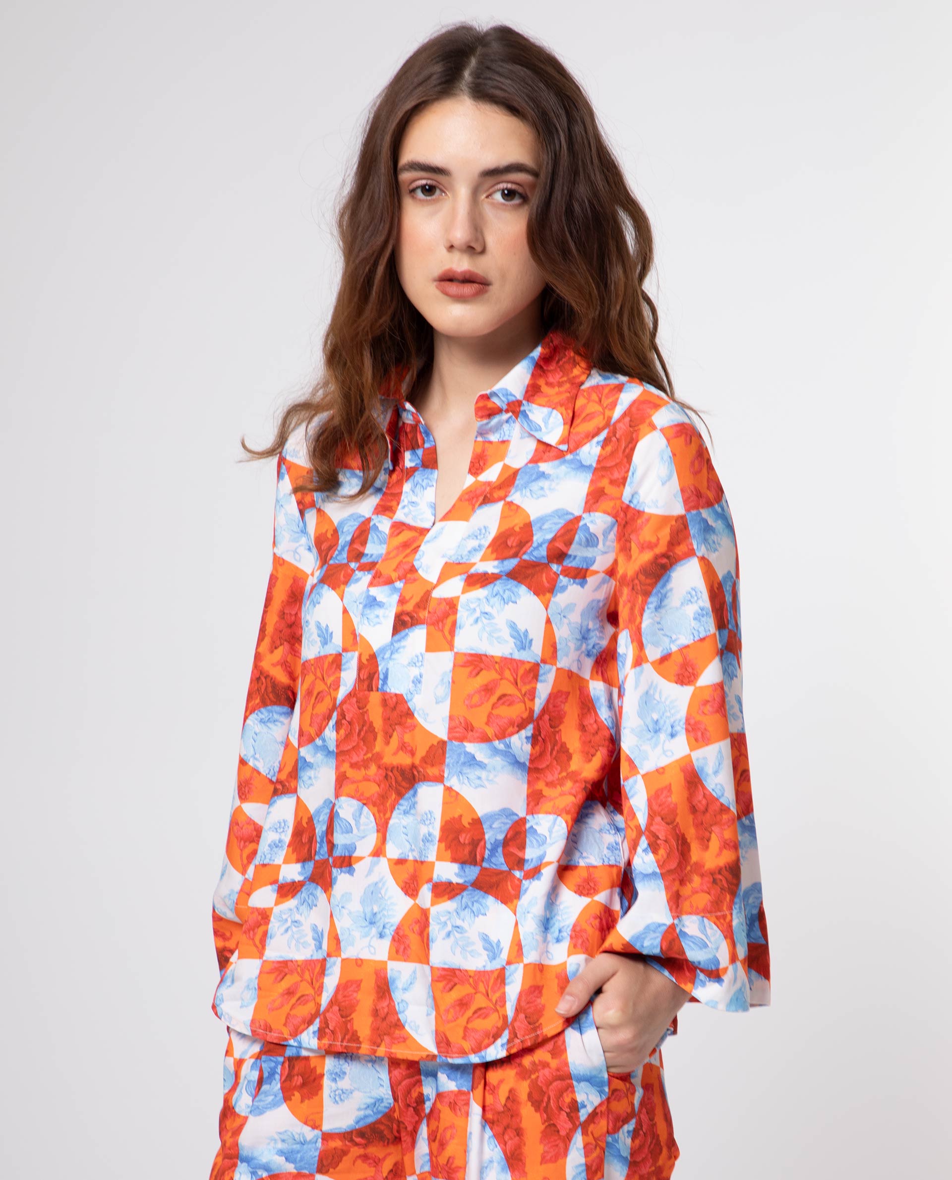 Rareism Women's Crawford Orange Viscose Spread Collar Floral Print Flared Sleeve Regular Fit Top