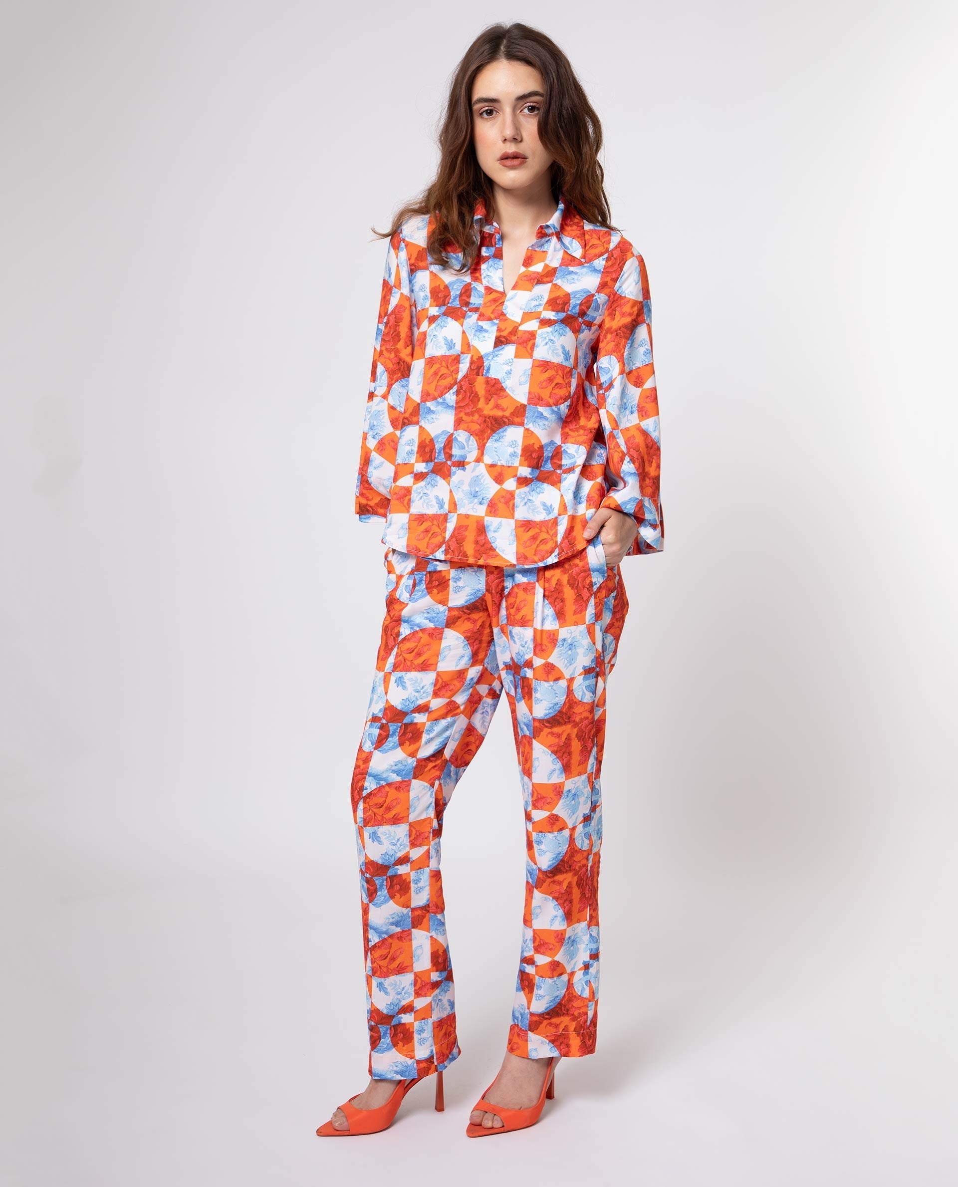Rareism Women's Crawford Orange Viscose Spread Collar Floral Print Flared Sleeve Regular Fit Top