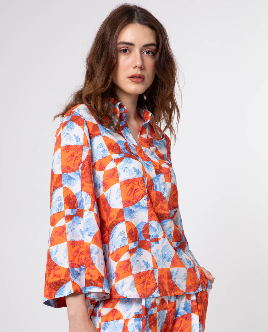 Rareism Women's Crawford Orange Viscose Spread Collar Floral Print Flared Sleeve Regular Fit Top