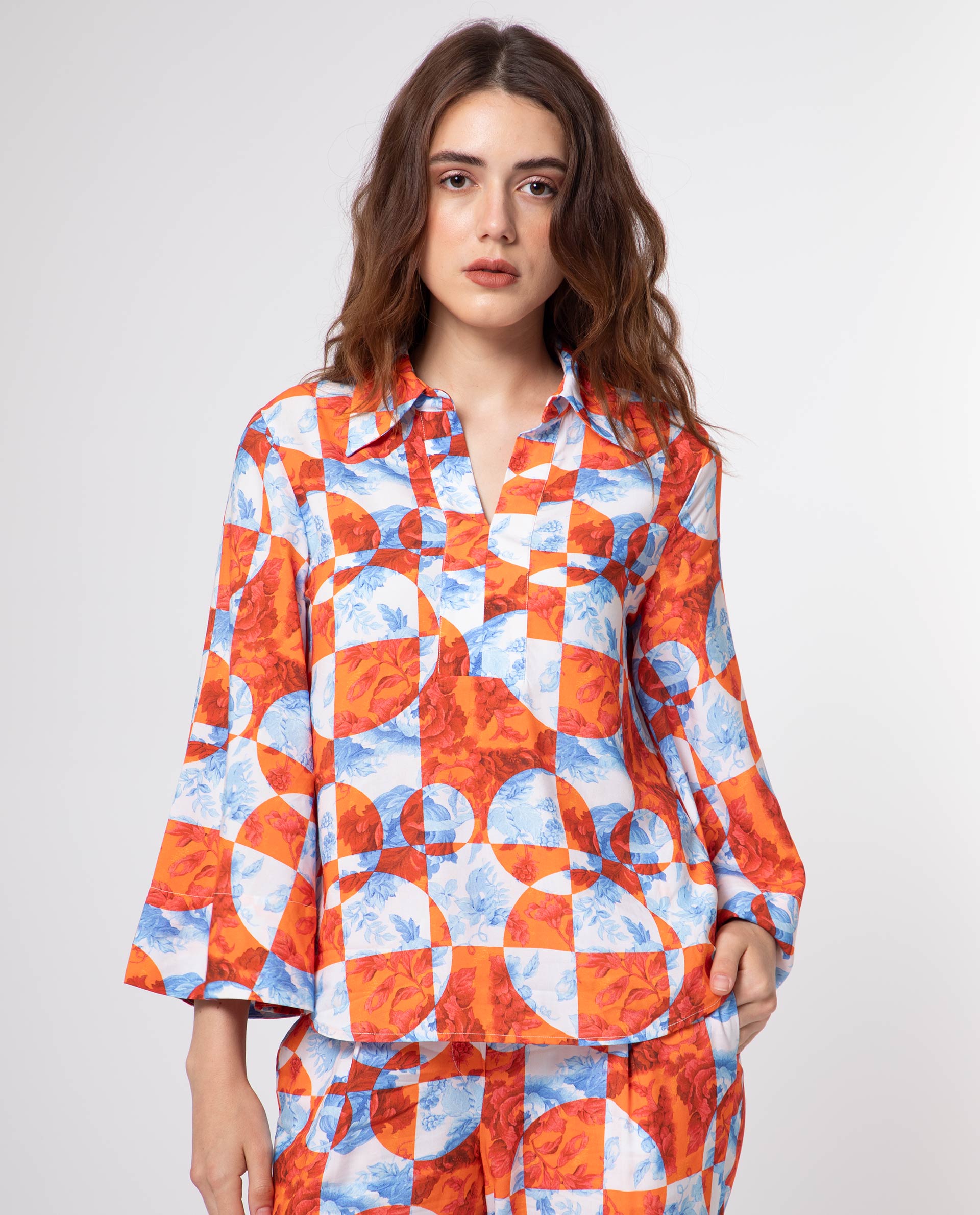 Rareism Women's Crawford Orange Viscose Spread Collar Floral Print Flared Sleeve Regular Fit Top