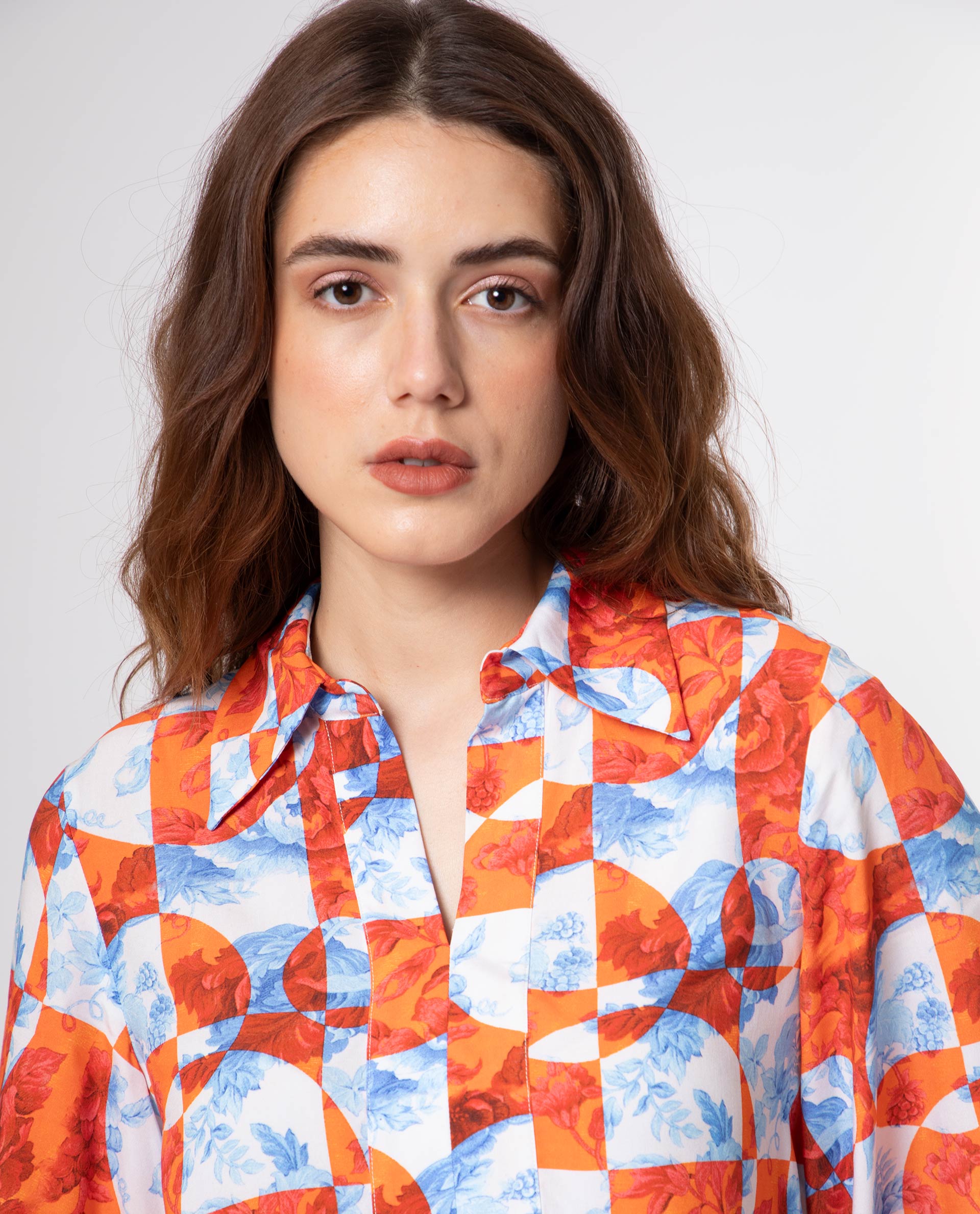 Rareism Women's Crawford Orange Viscose Spread Collar Floral Print Flared Sleeve Regular Fit Top