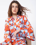 Rareism Women's Crawford Orange Viscose Spread Collar Floral Print Flared Sleeve Regular Fit Top