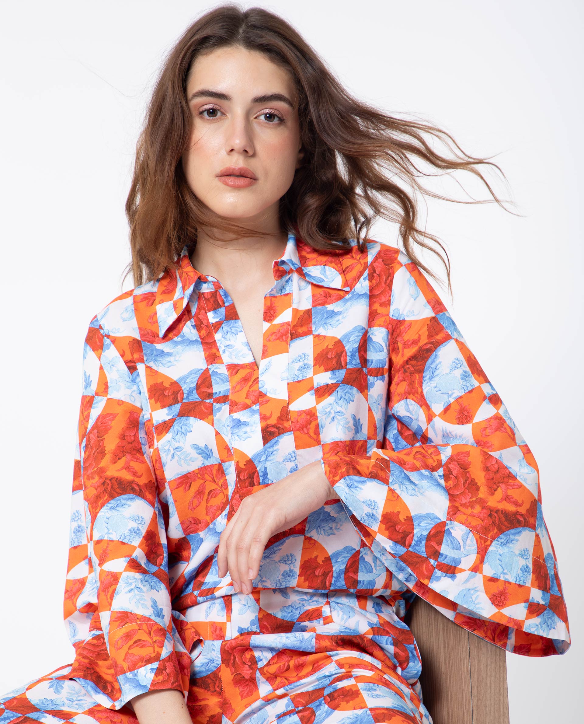 Rareism Women's Crawford Orange Viscose Spread Collar Floral Print Flared Sleeve Regular Fit Top