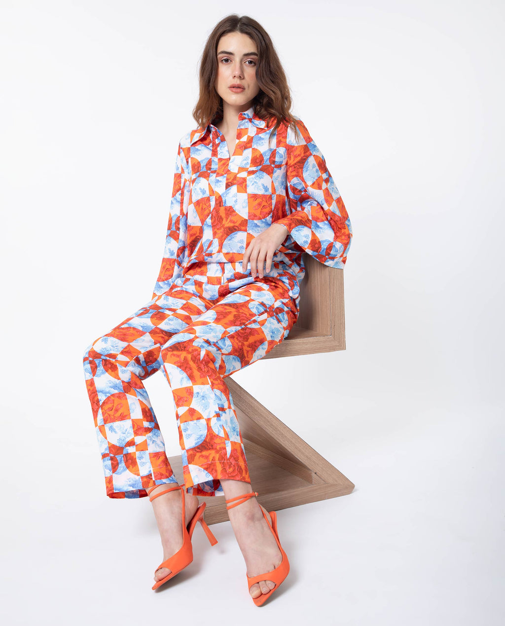 Rareism Women's Crawford Orange Viscose Spread Collar Floral Print Flared Sleeve Regular Fit Top