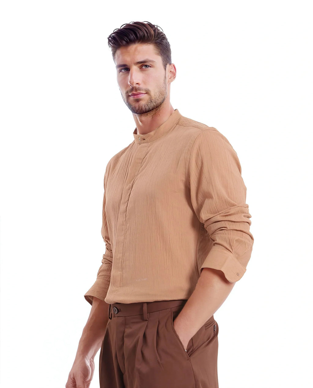 Rare Rabbit Men's Plain Regular Fit Full Sleeve Mandarin Collar Shirt