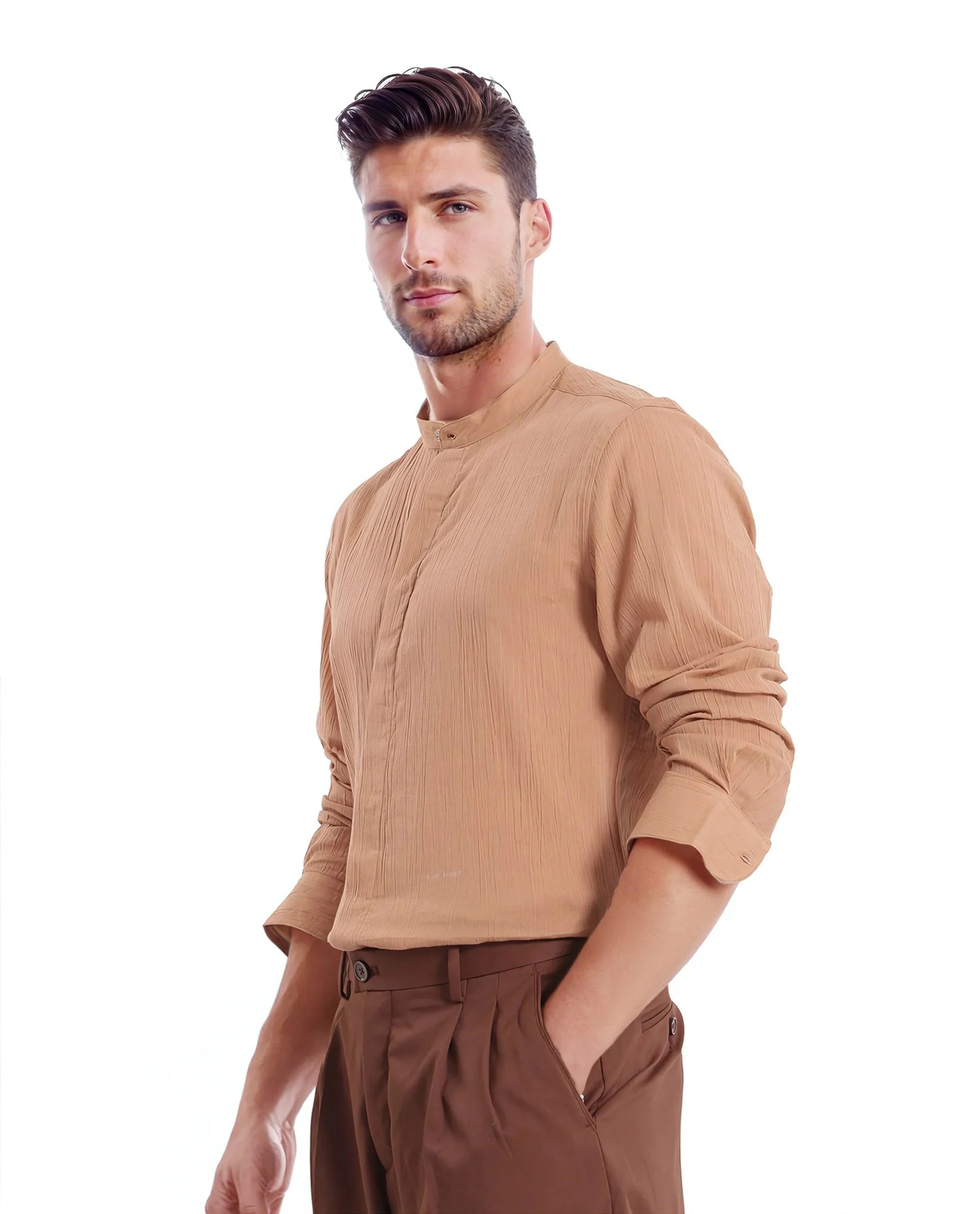 Rare Rabbit Men's Plain Regular Fit Full Sleeve Mandarin Collar Shirt
