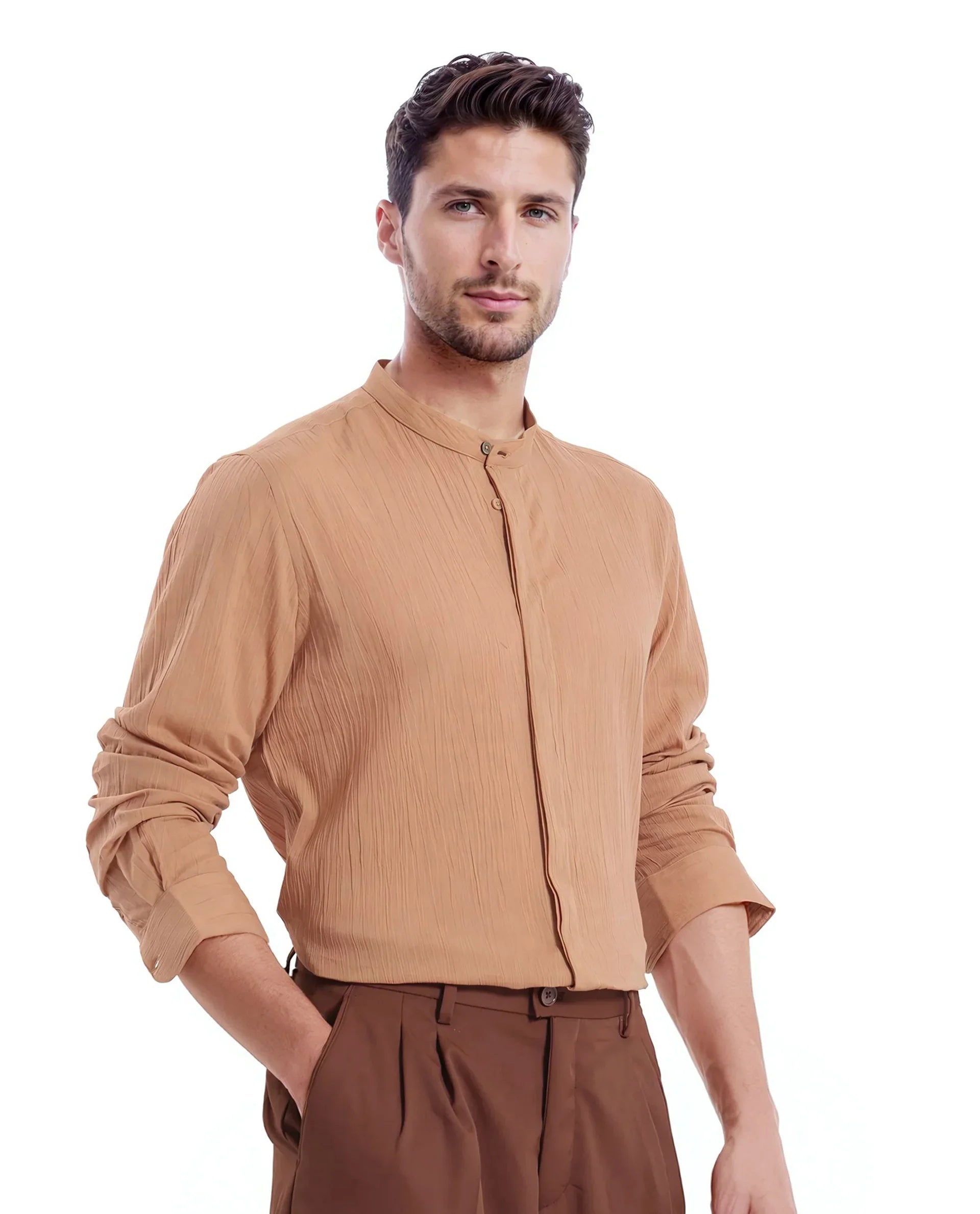 Rare Rabbit Men's Plain Regular Fit Full Sleeve Mandarin Collar Shirt