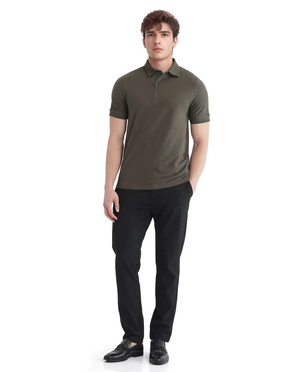 Rare Rabbit Men's Cron Olive Cotton Plain Regular Fit Half Sleeve Polo