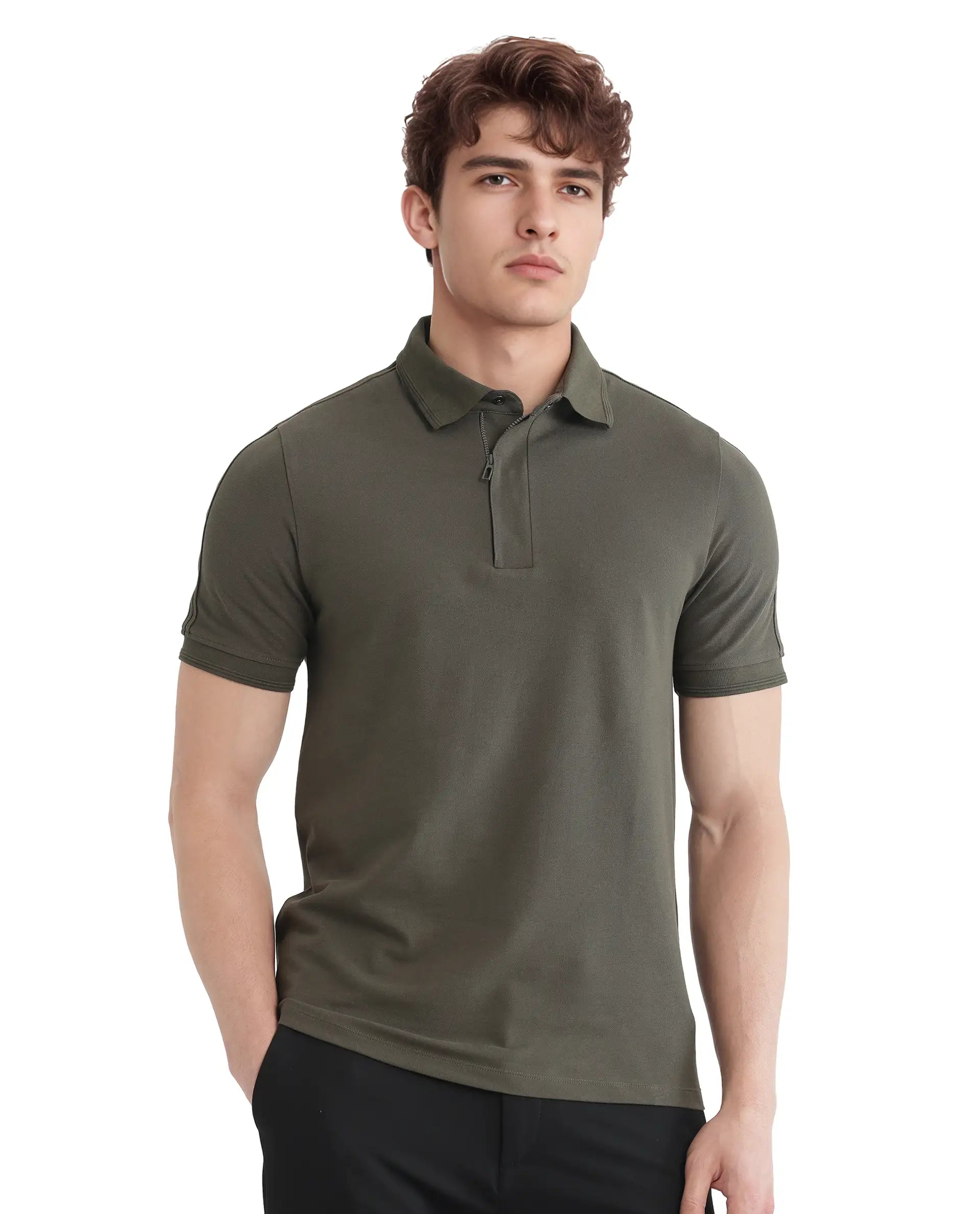 Rare Rabbit Men's Cron Olive Cotton Plain Regular Fit Half Sleeve Polo