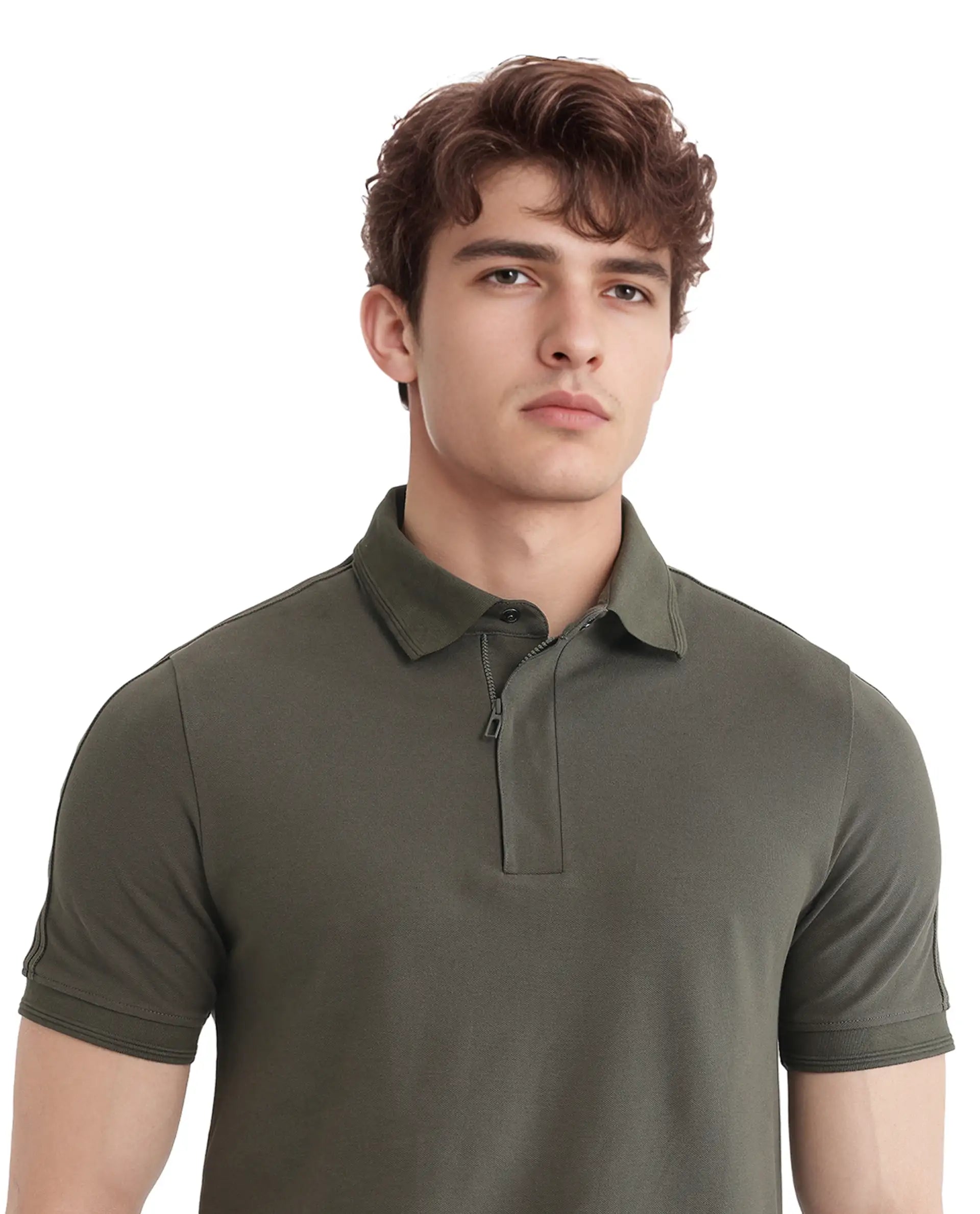 Rare Rabbit Men's Cron Olive Cotton Plain Regular Fit Half Sleeve Polo
