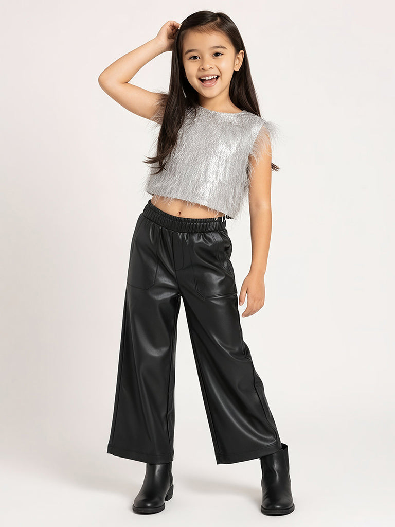 HOP Kids Black Solid High-Rise Faux-Leather Pants