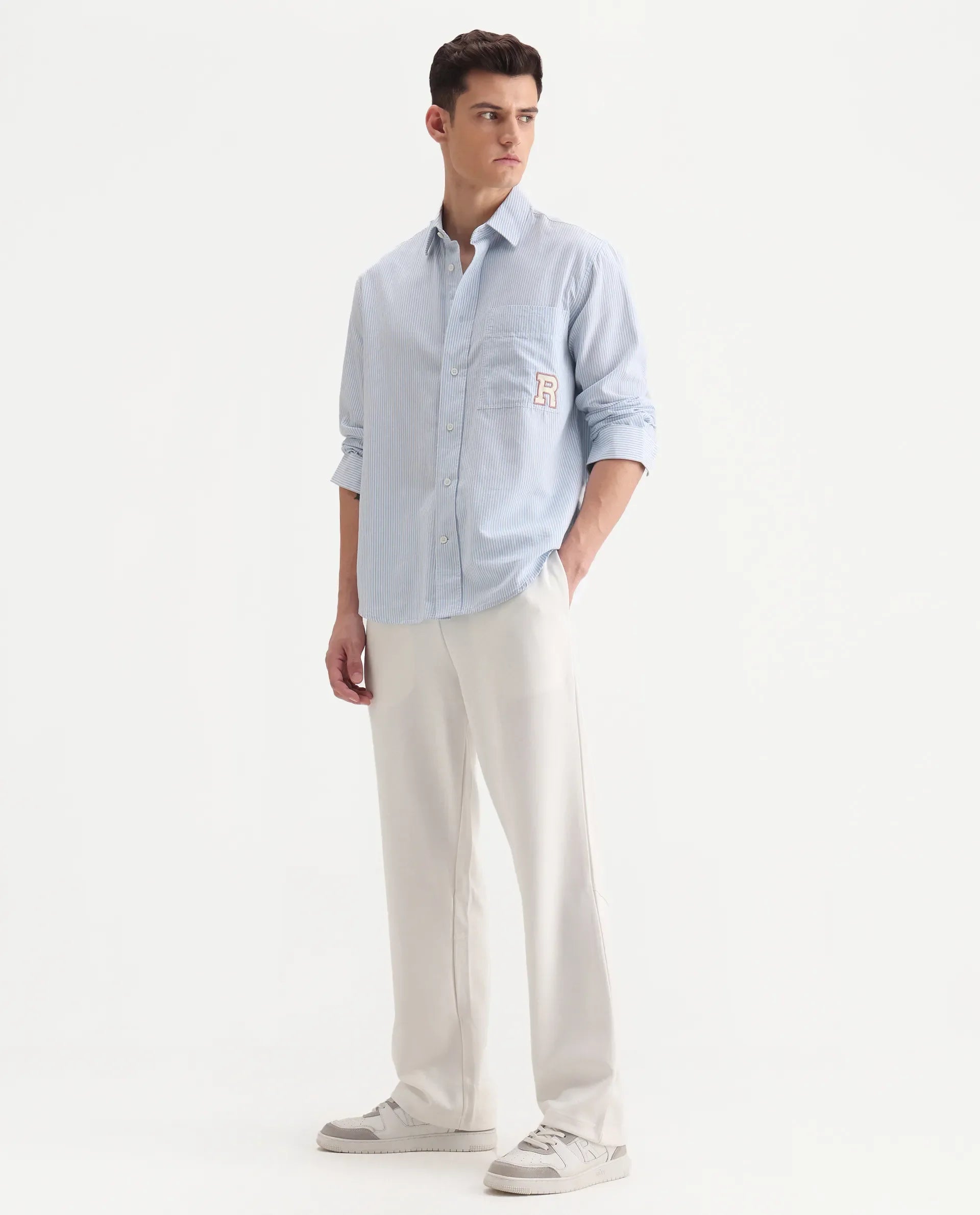 Rare Rabbit Men's Dalton Off White Cotton Blend Plain Baggy Fit Trouser
