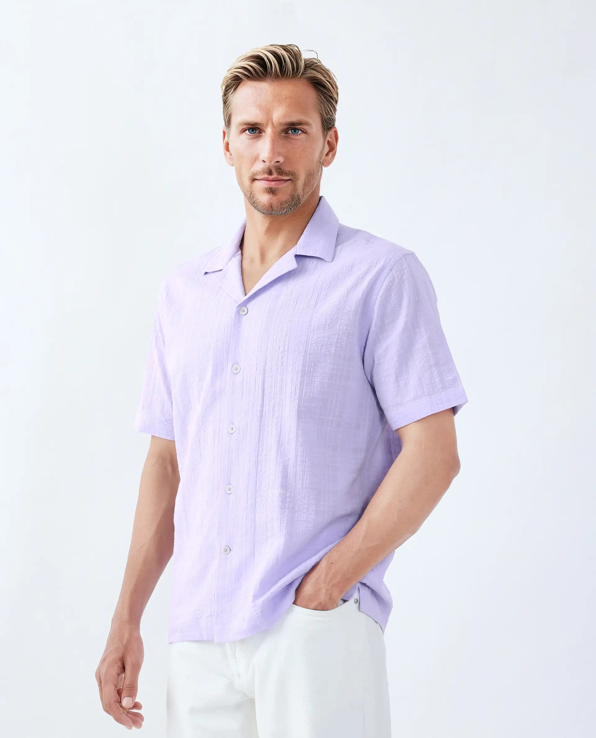 Rare Rabbit Men's Dara Pastel Purple Cotton Checked Print Boxy Fit Half Sleeve Cuban Collar Shirt