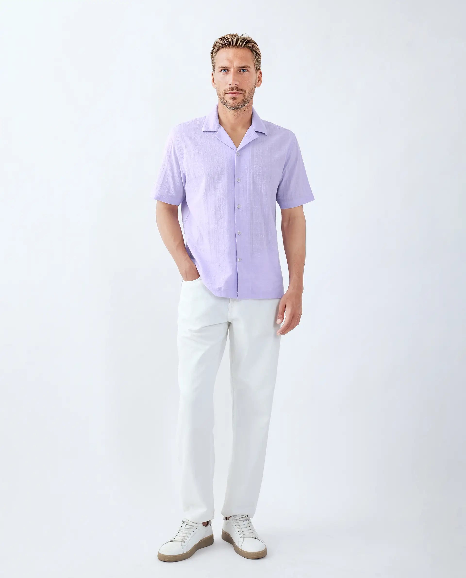 Rare Rabbit Men's Dara Pastel Purple Cotton Checked Print Boxy Fit Half Sleeve Cuban Collar Shirt