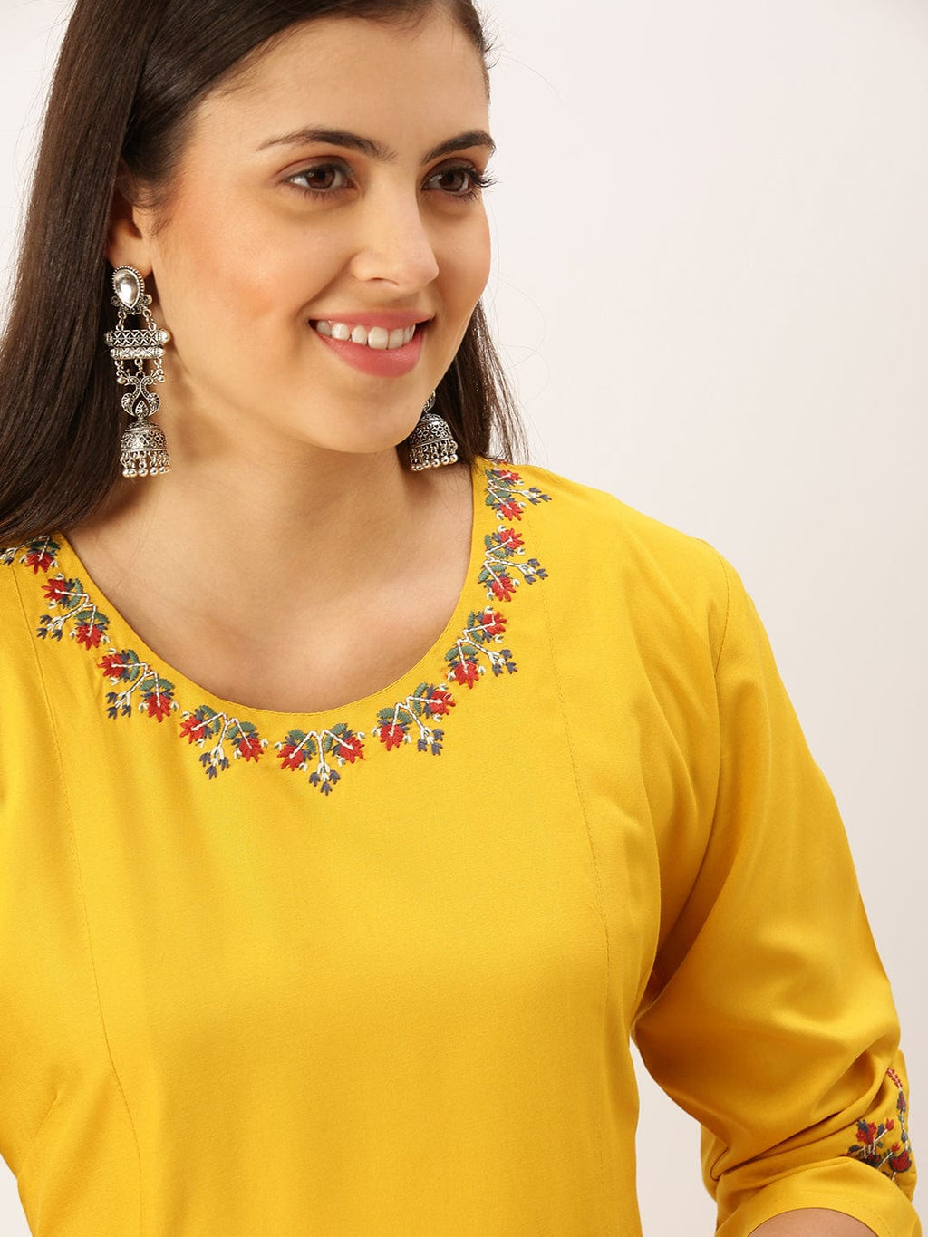 Women's Embroidered Mustard Straight Kurta
