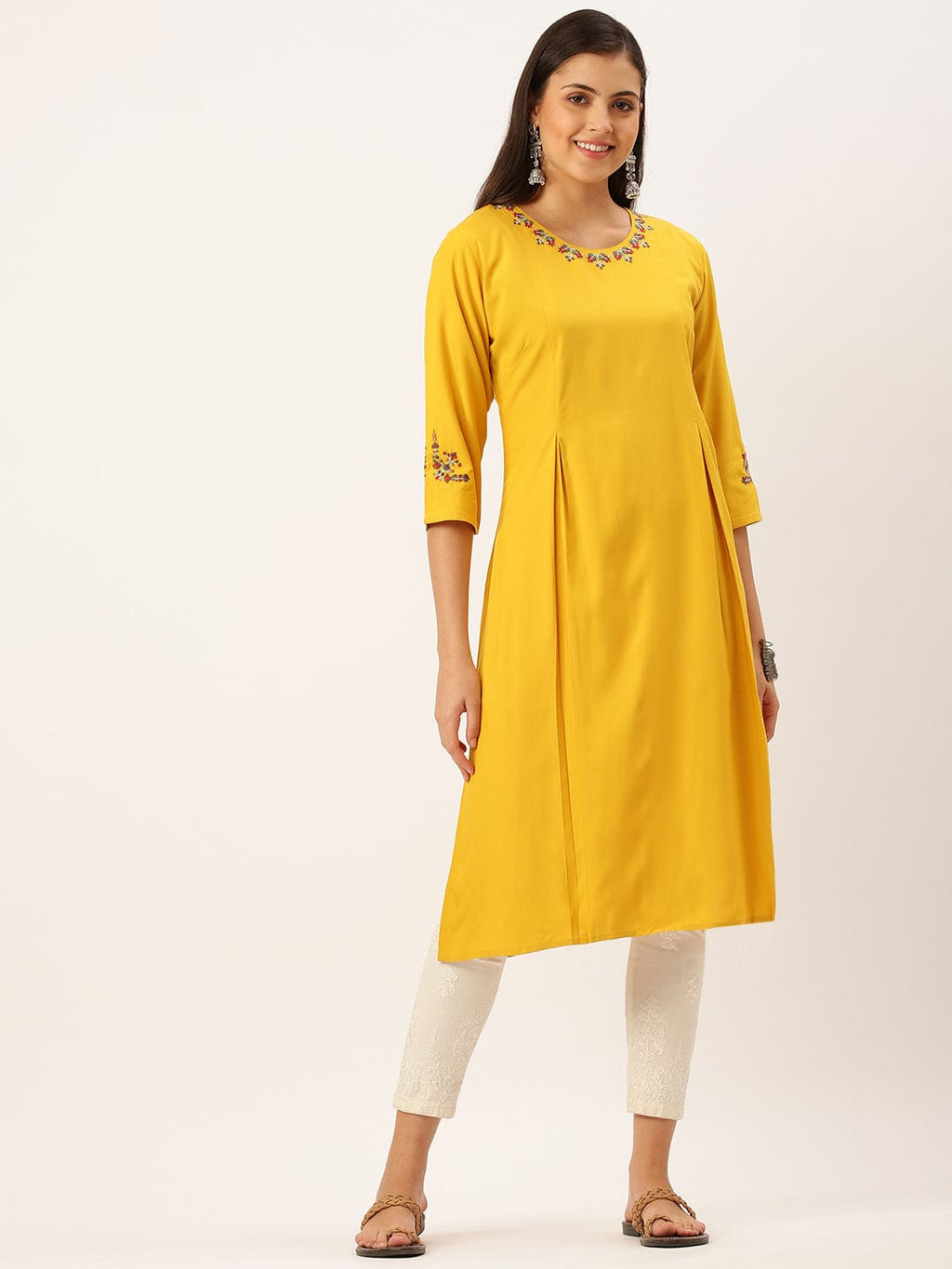Women's Embroidered Mustard Straight Kurta