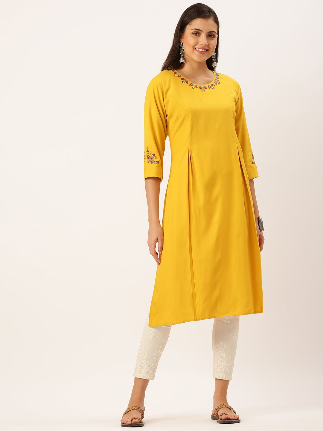 Women's Embroidered Mustard Straight Kurta