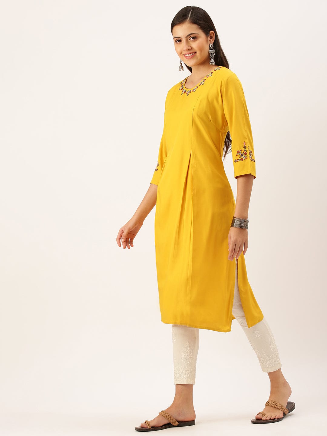 Women's Embroidered Mustard Straight Kurta