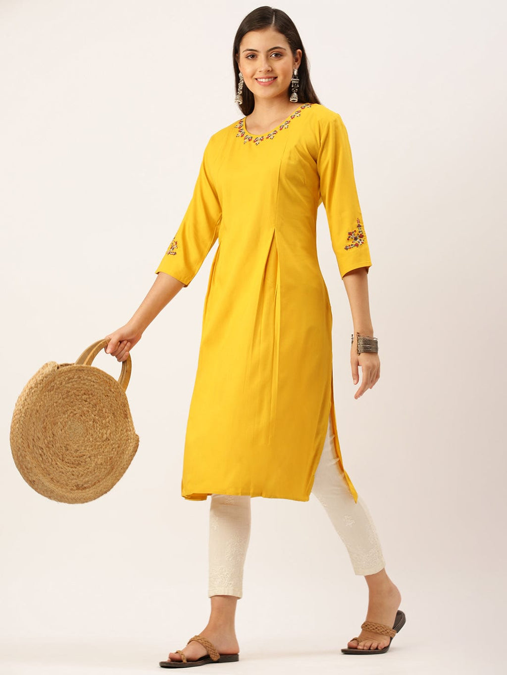 Women's Embroidered Mustard Straight Kurta