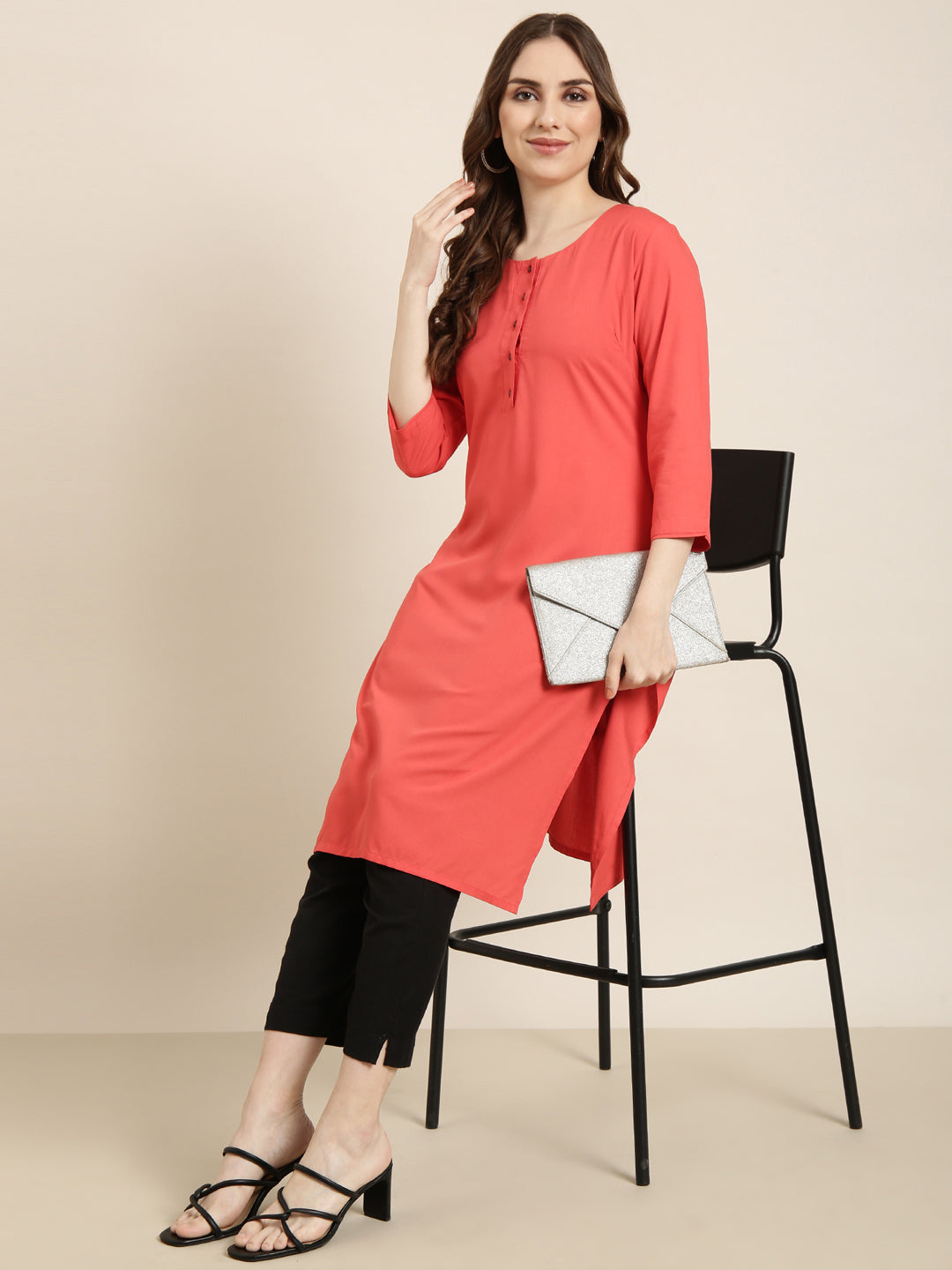 Women's Straight Red Solid Kurta