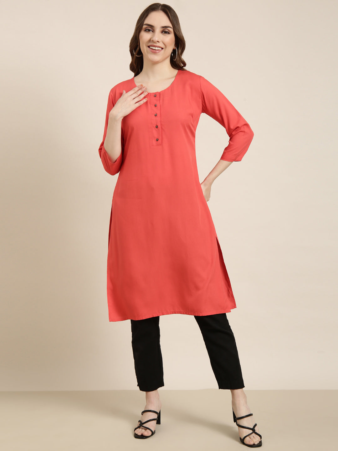 Women's Straight Red Solid Kurta