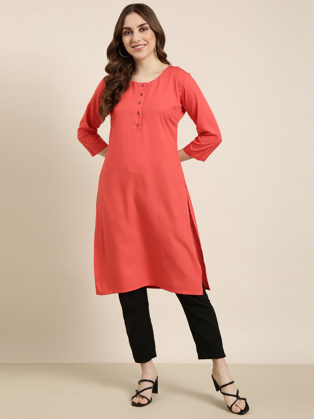 Women's Straight Red Solid Kurta