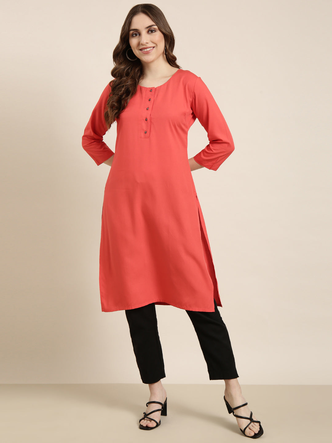 Women's Straight Red Solid Kurta