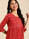 Women's Red Floral Printed Art Silk Anarkali Kurta