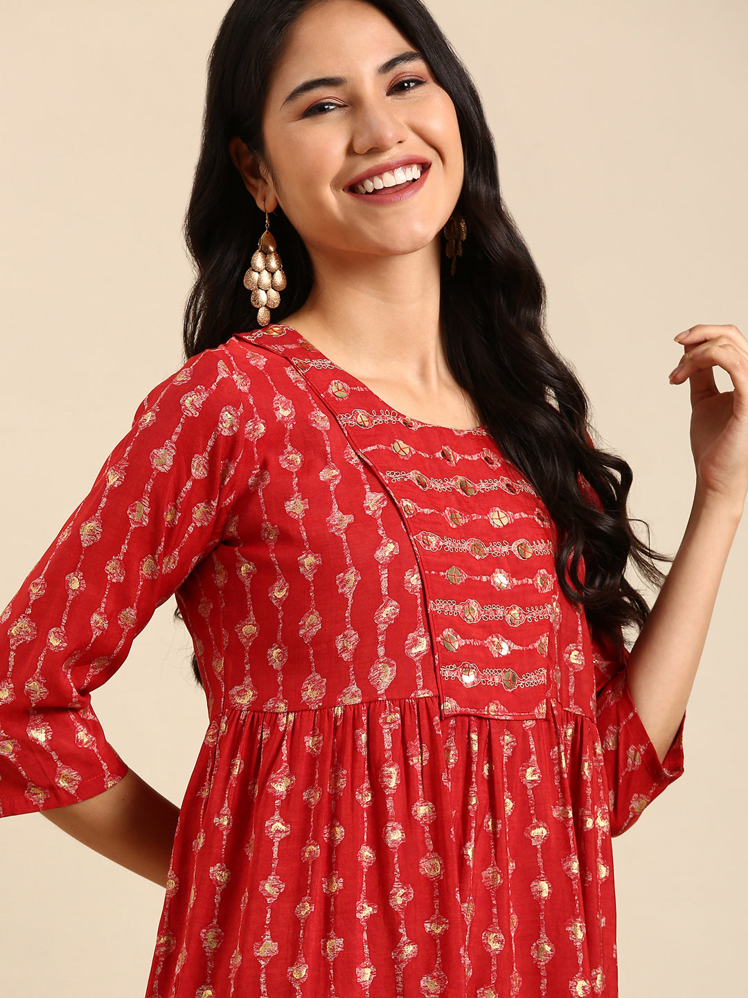 Women's Red Floral Printed Art Silk Anarkali Kurta
