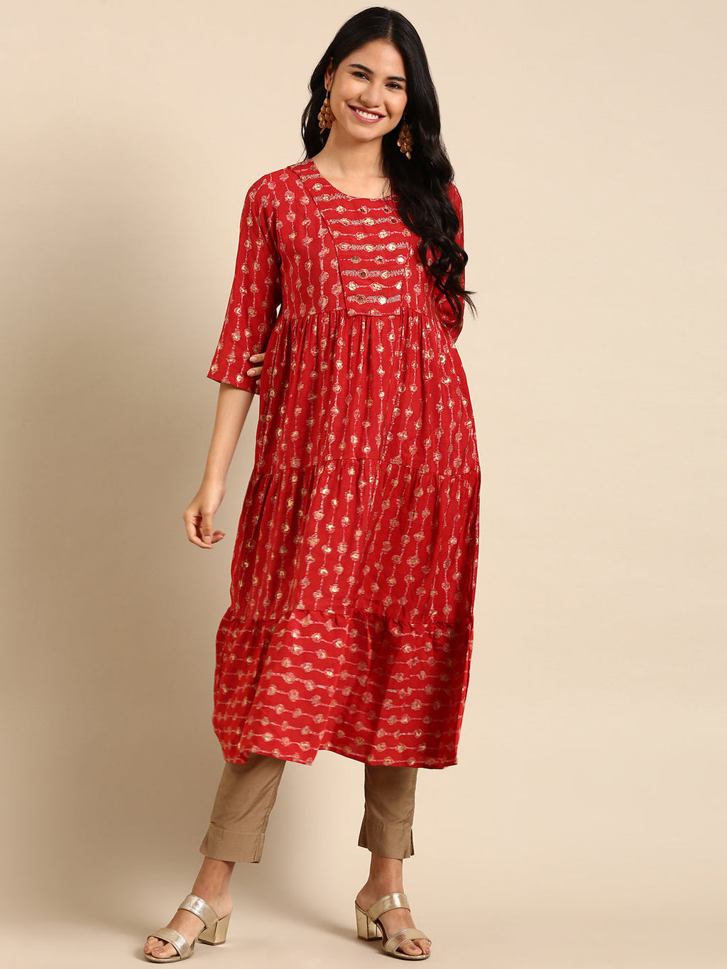 Women's Red Floral Printed Art Silk Anarkali Kurta