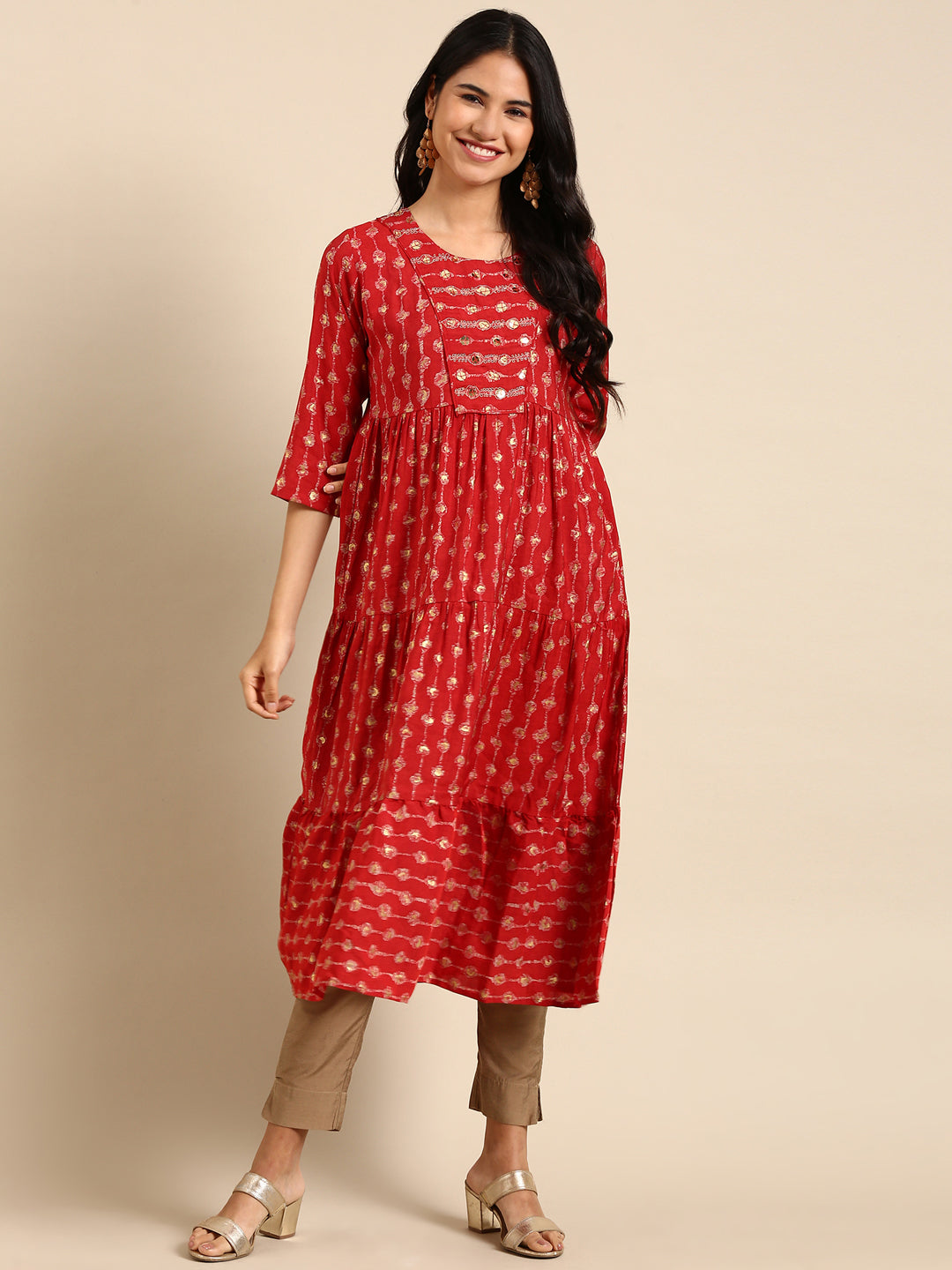 Women's Red Floral Printed Art Silk Anarkali Kurta