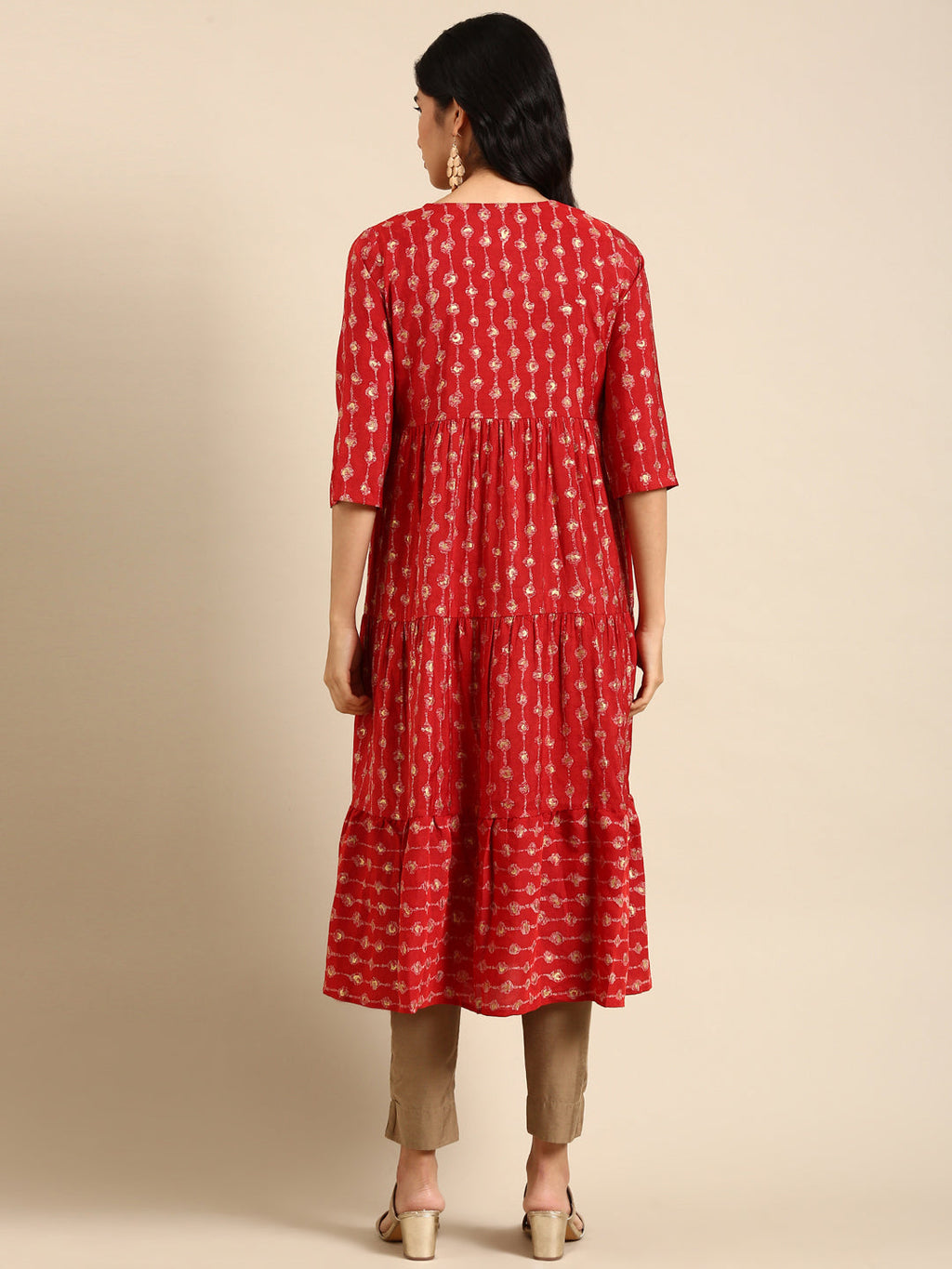 Women's Red Floral Printed Art Silk Anarkali Kurta