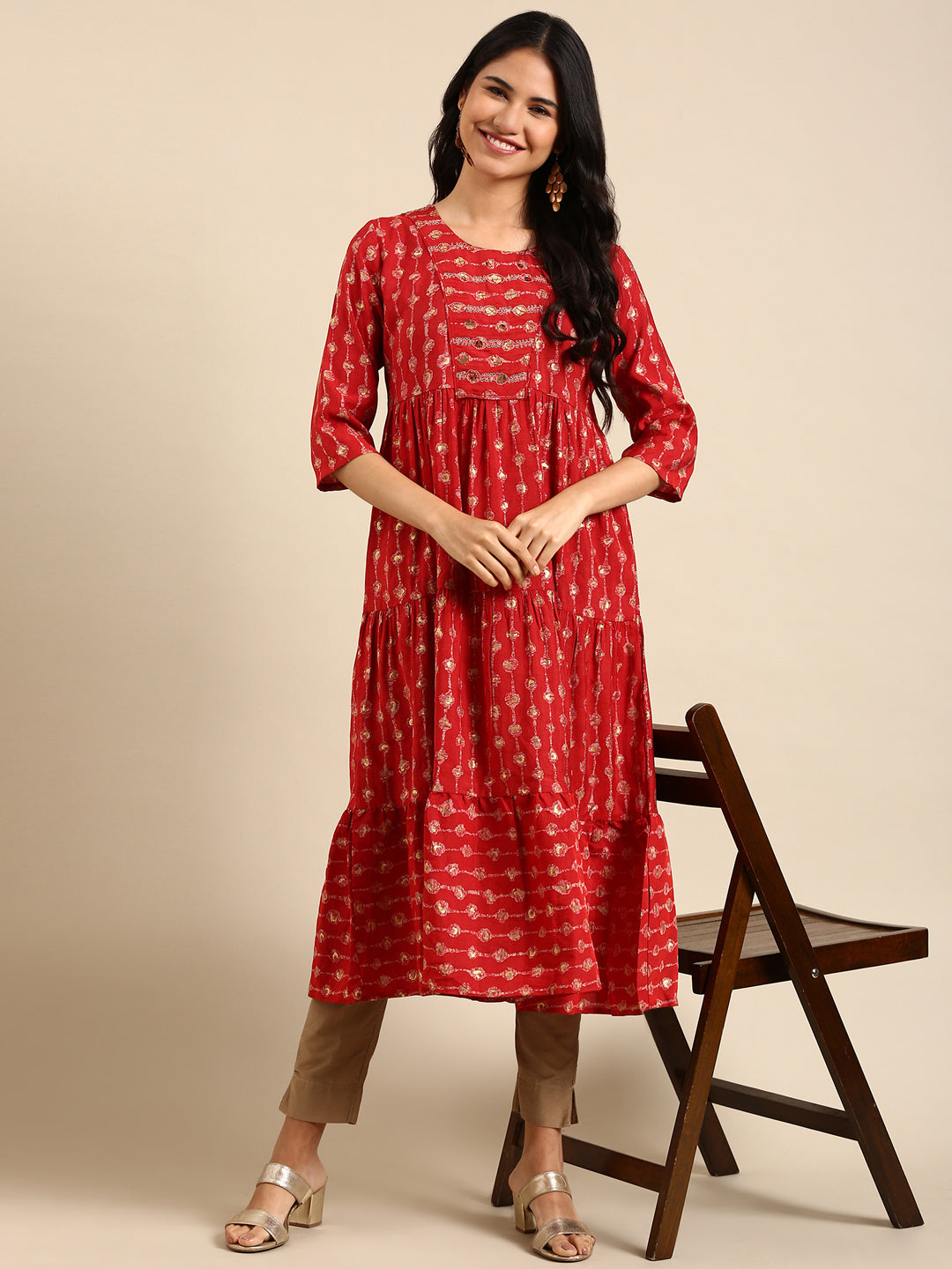 Women's Red Floral Printed Art Silk Anarkali Kurta