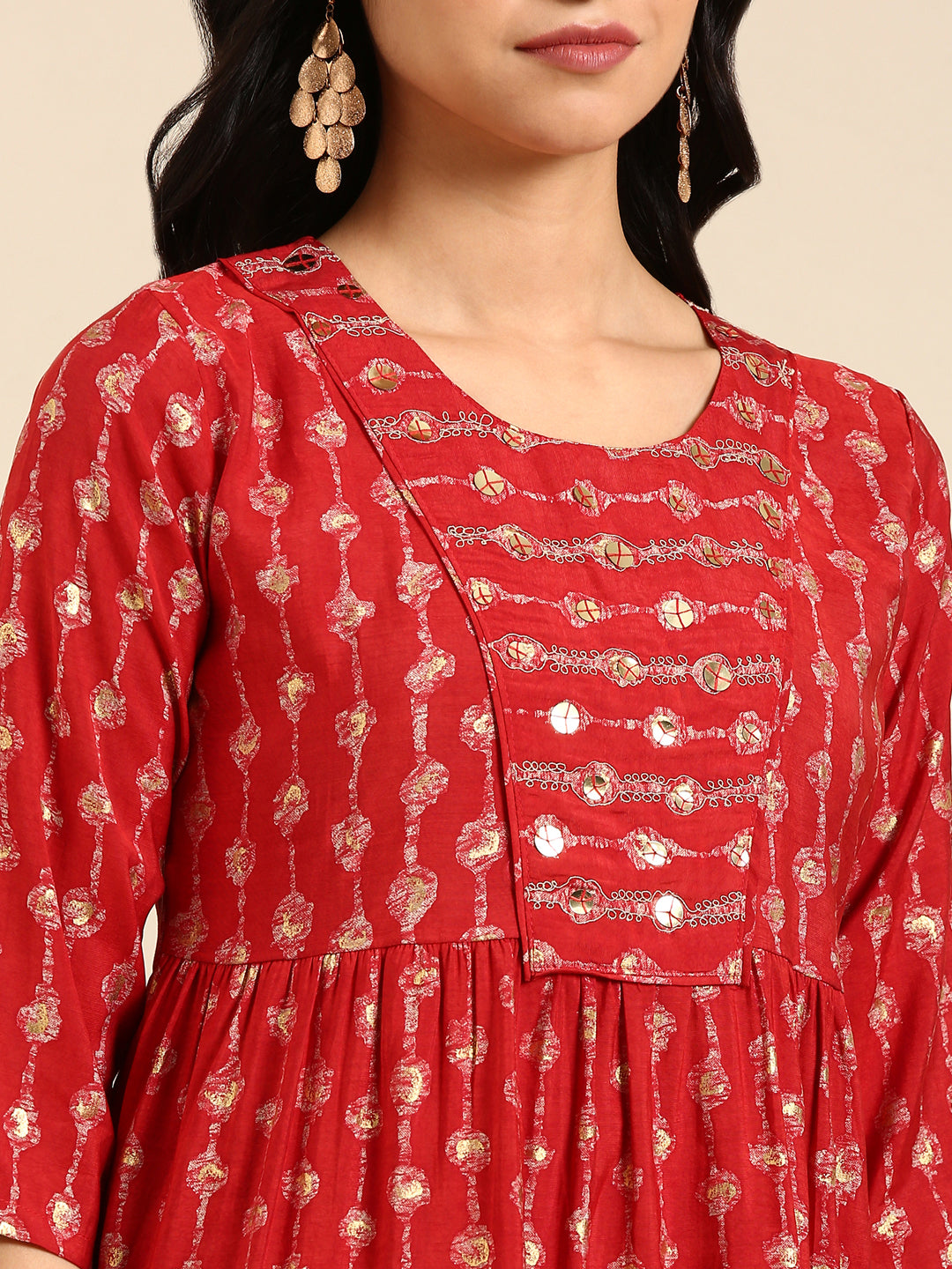 Women's Red Floral Printed Art Silk Anarkali Kurta