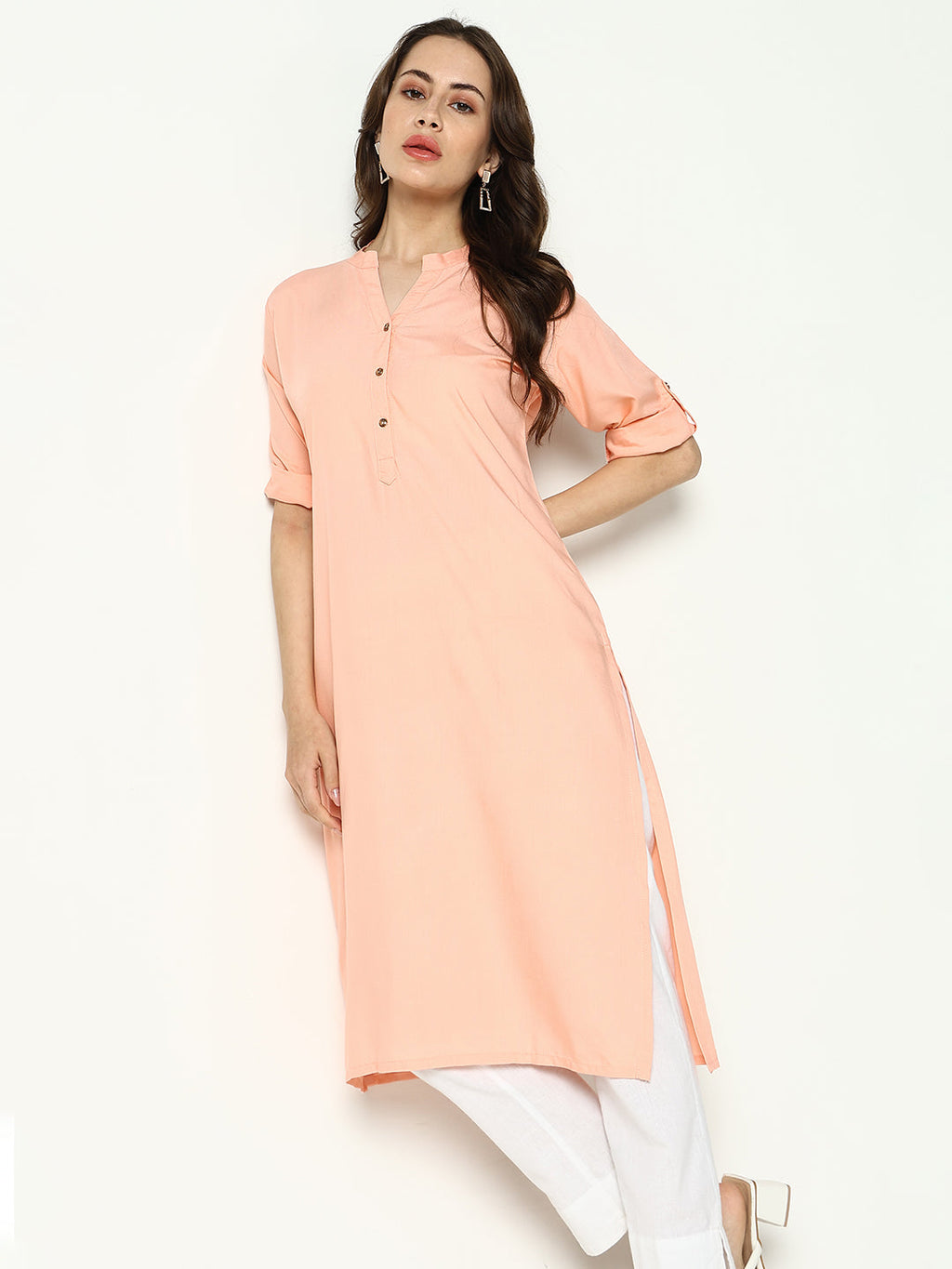 Women's Peach Mandarin Collar Straight Cotton Kurta