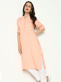 Women's Peach Mandarin Collar Straight Cotton Kurta