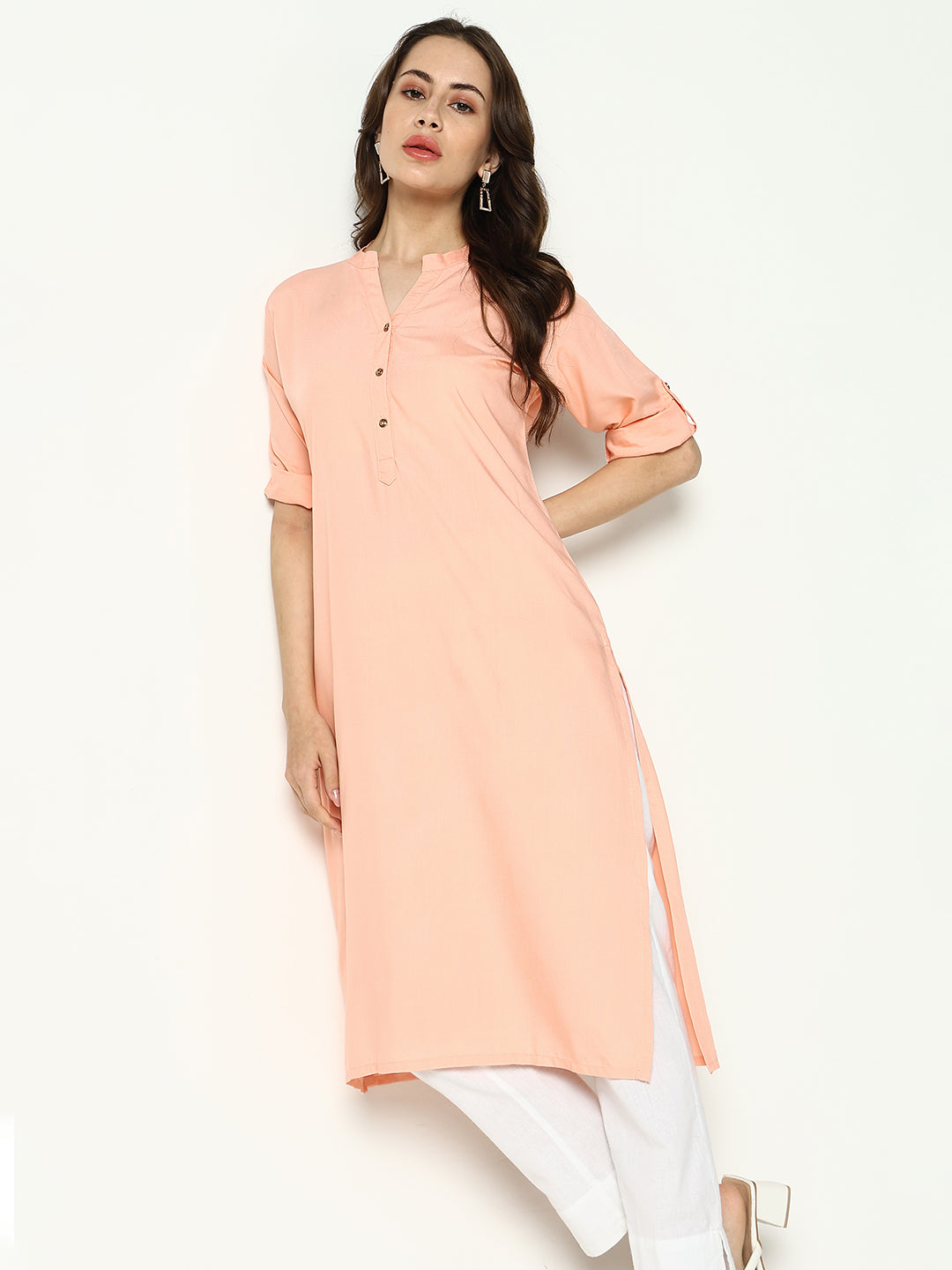 Women's Peach Mandarin Collar Straight Cotton Kurta